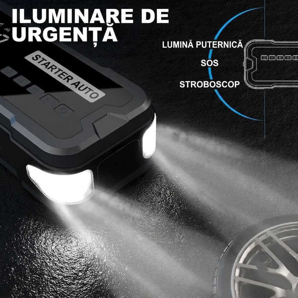 Jump Starter Auto Multifuncțional cu Compresor de Aer, Power Bank și Lanternă