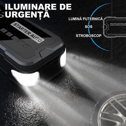 Jump Starter Auto Multifuncțional cu Compresor de Aer, Power Bank și Lanternă