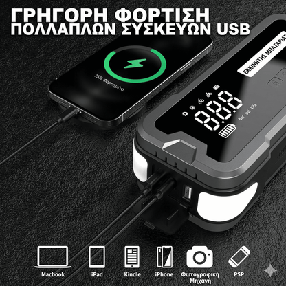 Jump Starter Auto Multifuncțional cu Compresor de Aer, Power Bank și Lanternă