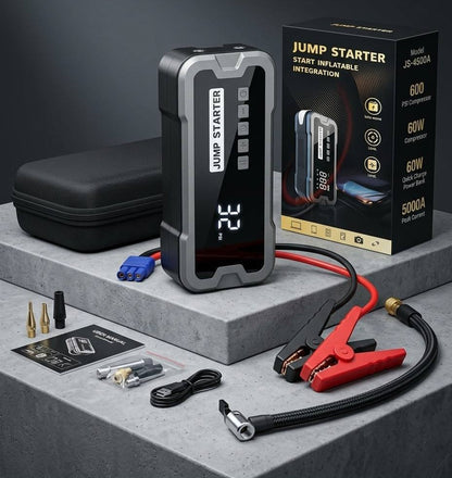 Jump Starter Auto Multifuncțional cu Compresor de Aer, Power Bank și Lanternă